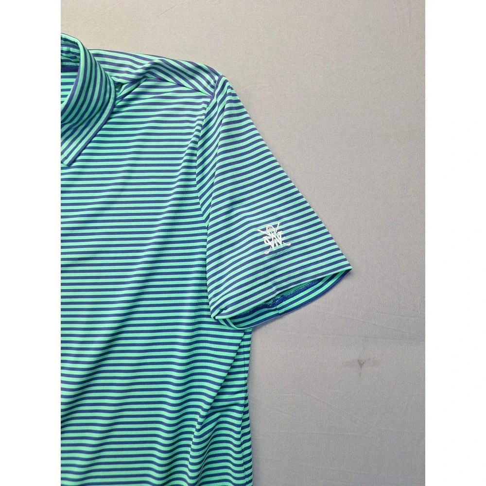 RLX Ralph Lauren Polo Shirt Mens Medium Blue Green Striped‎ Golf Wicking Preppy